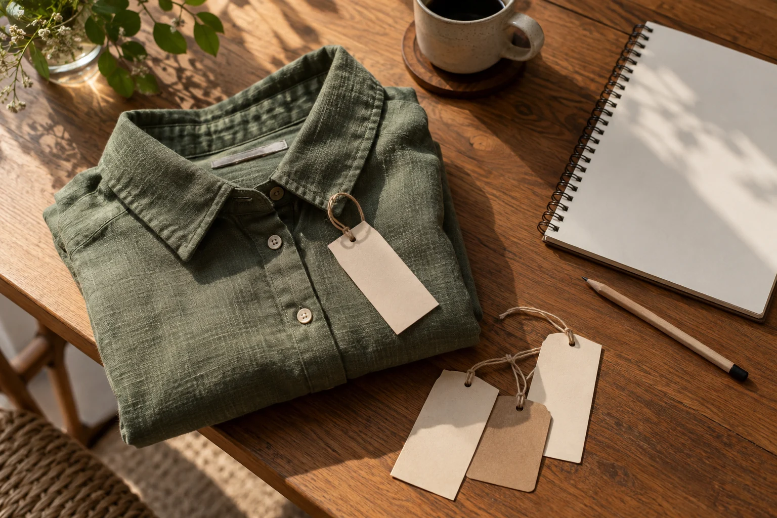A notebook and plain garment tags beside a folded green shirt