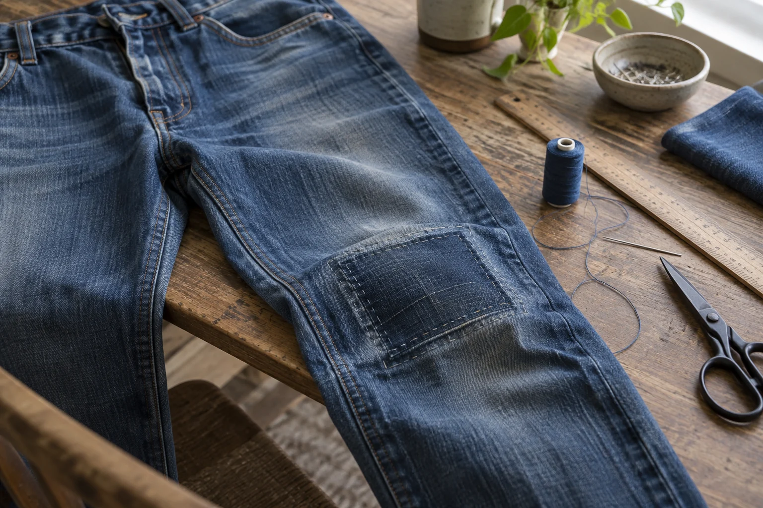 Blue jeans with a visible fabric patch beside thread and a sewing ruler