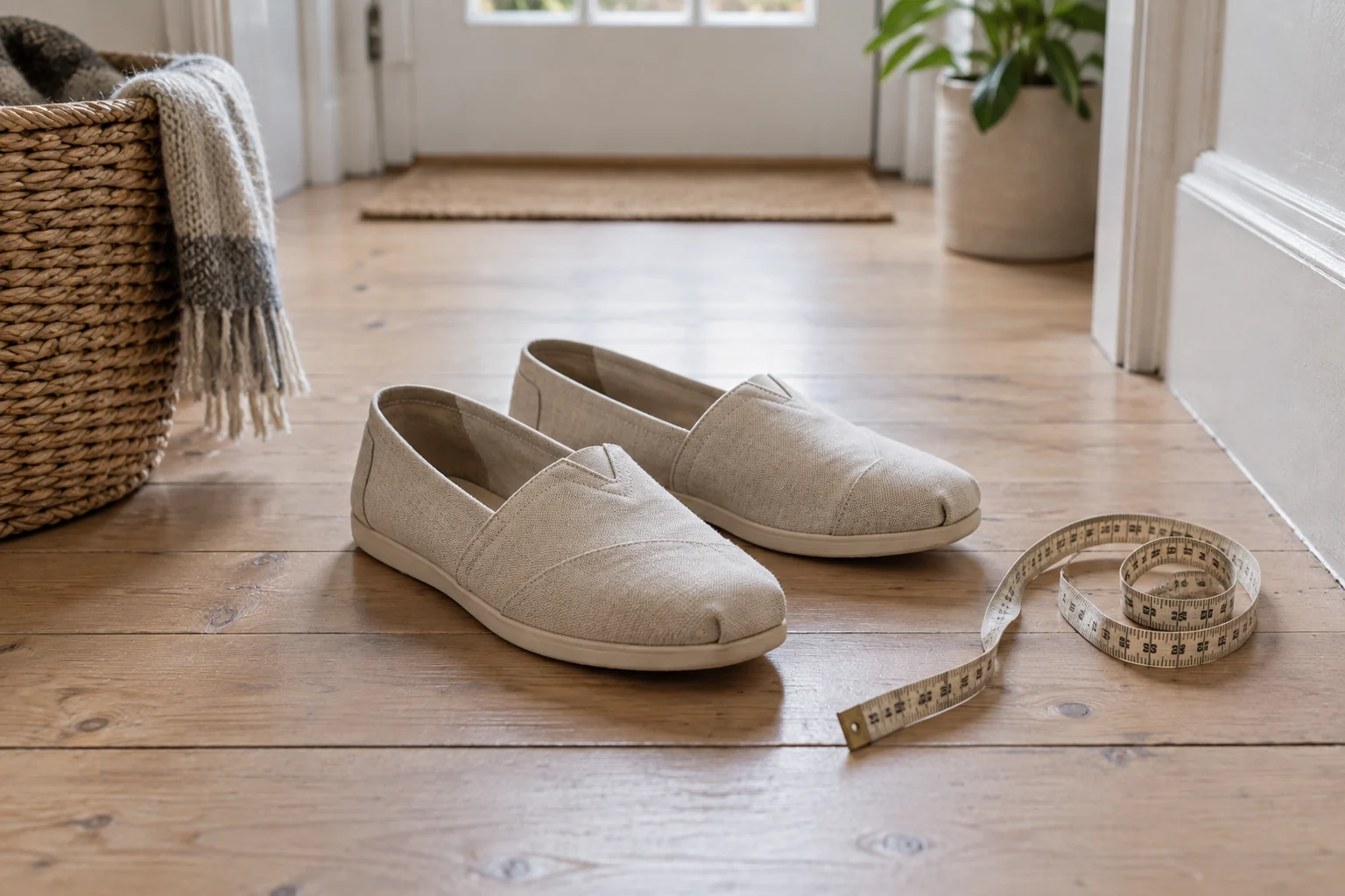 Unbranded canvas slip-on shoes beside a cloth measuring tape