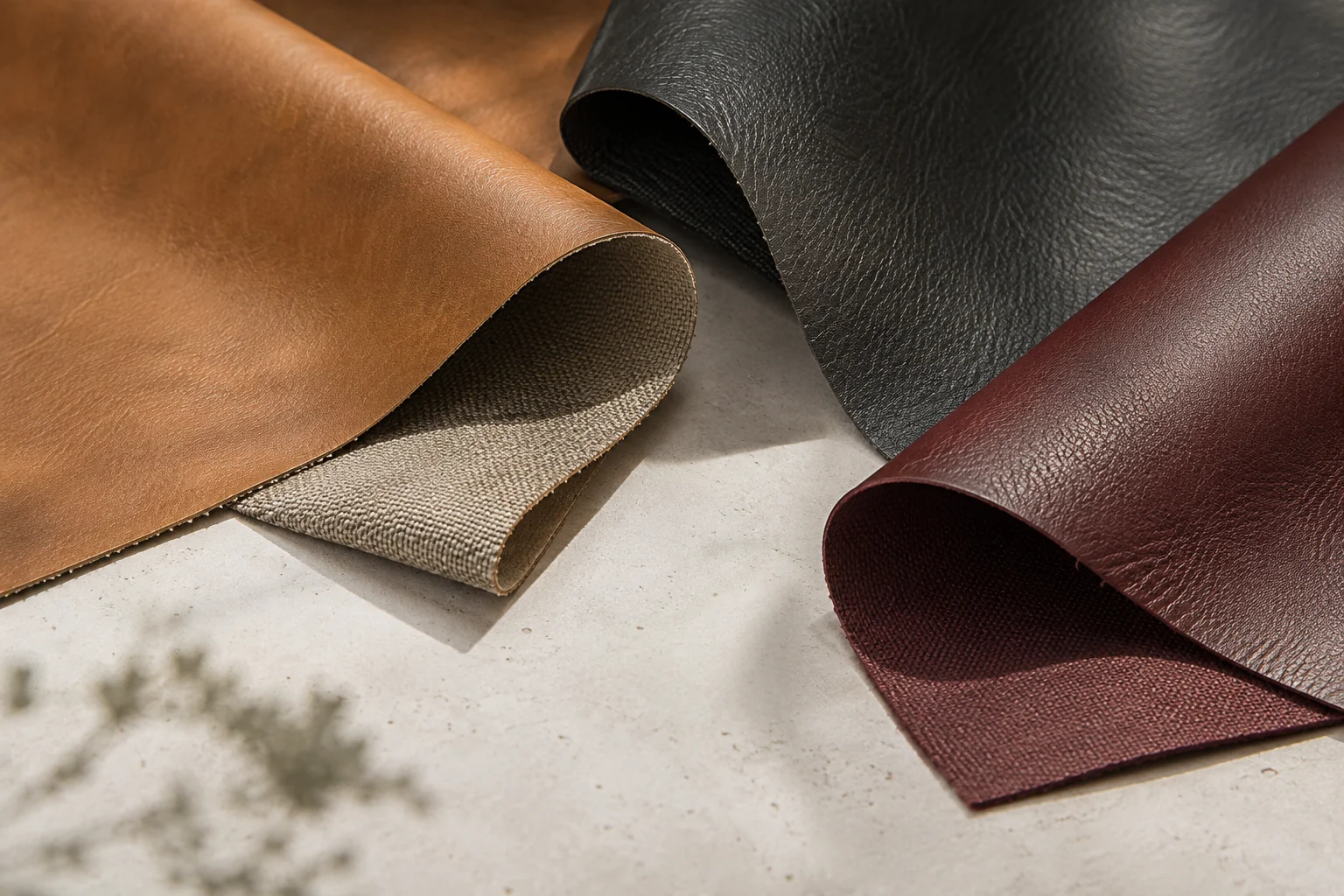Different smooth and textured leather-like swatches on a pale table