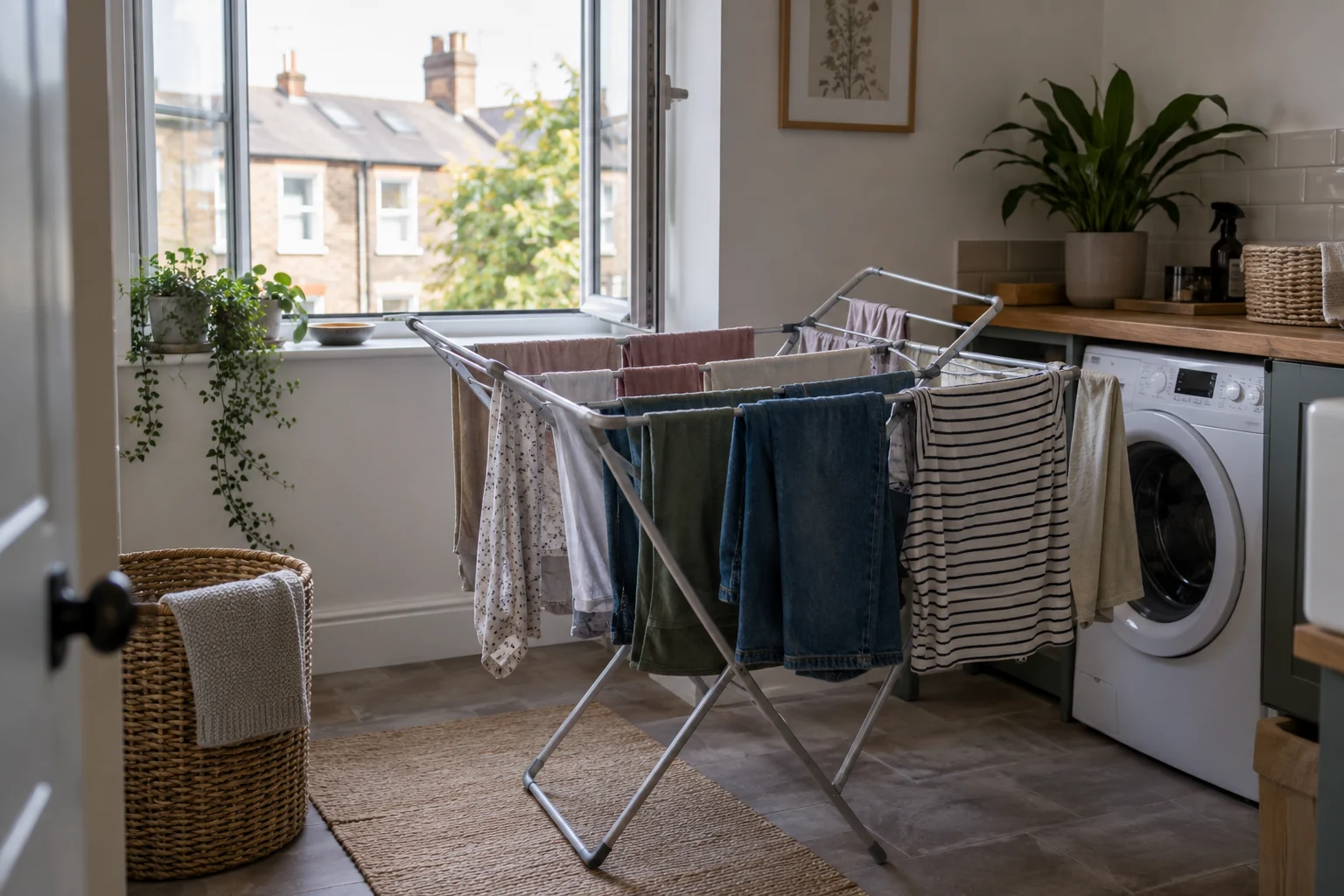 A drying rack with everyday clothes beside an open window