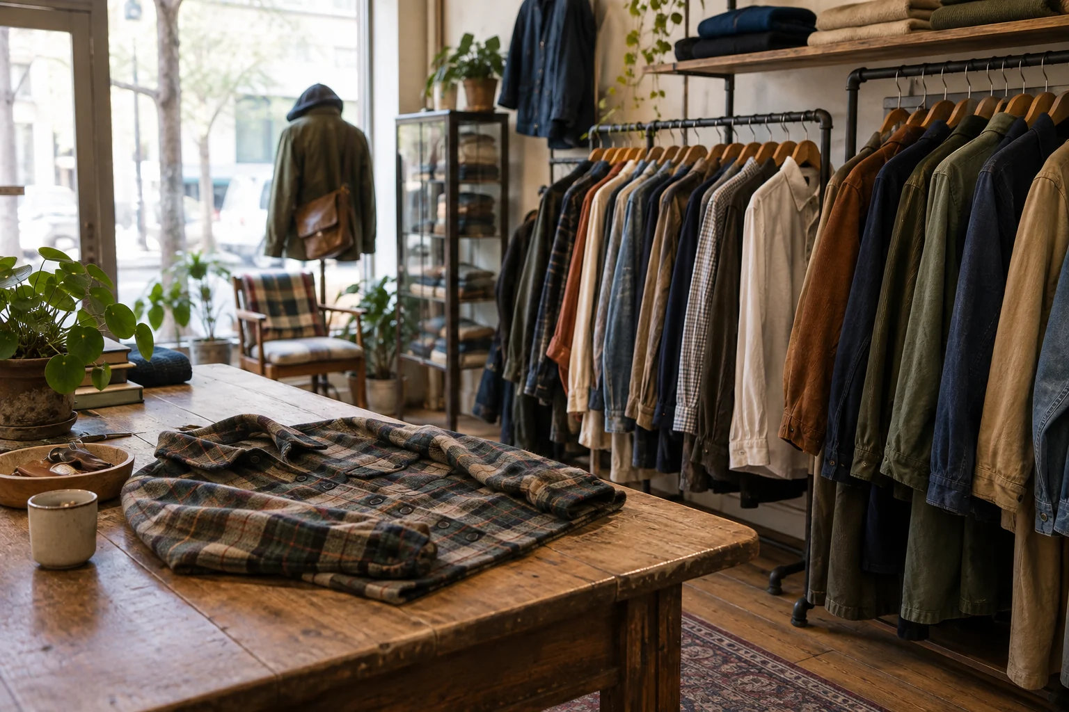 Second-hand jackets and shirts on a rail with a checked garment laid on a table