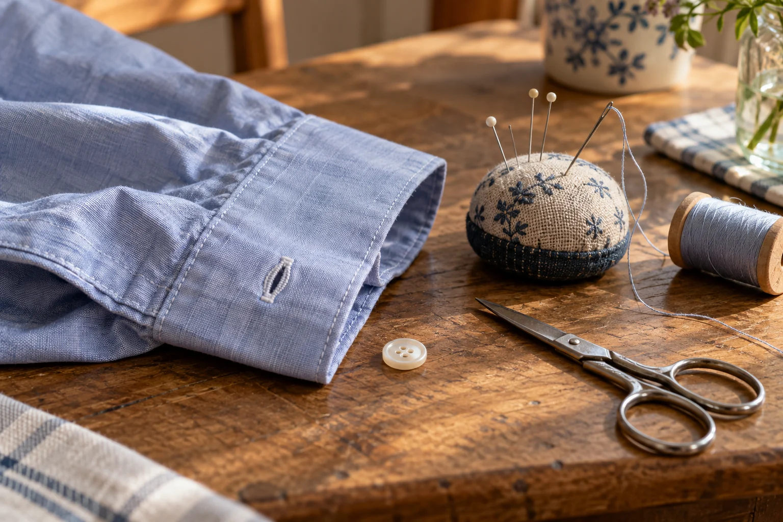 A sewing needle, thread and loose button beside the cuff of a shirt